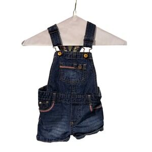 Vintage Genuine Kids OshKosh Baby Girl Denim Shortalls Dark Wash Geometric 18M